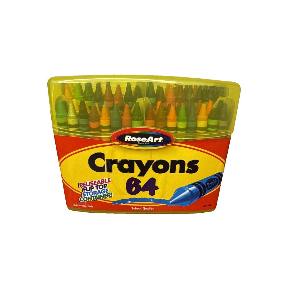 Vintage 2002 RoseArt 64 Crayons Plastic Flip Top Reusable Storage Case Sharpener